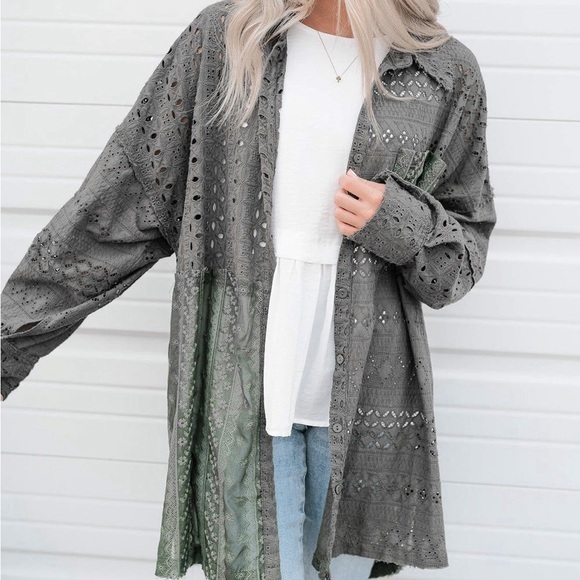 Duffel Green Eyelet Pattern Patchwork Oversized Button Up Shacket Bohemian style - Picture 7 of 15